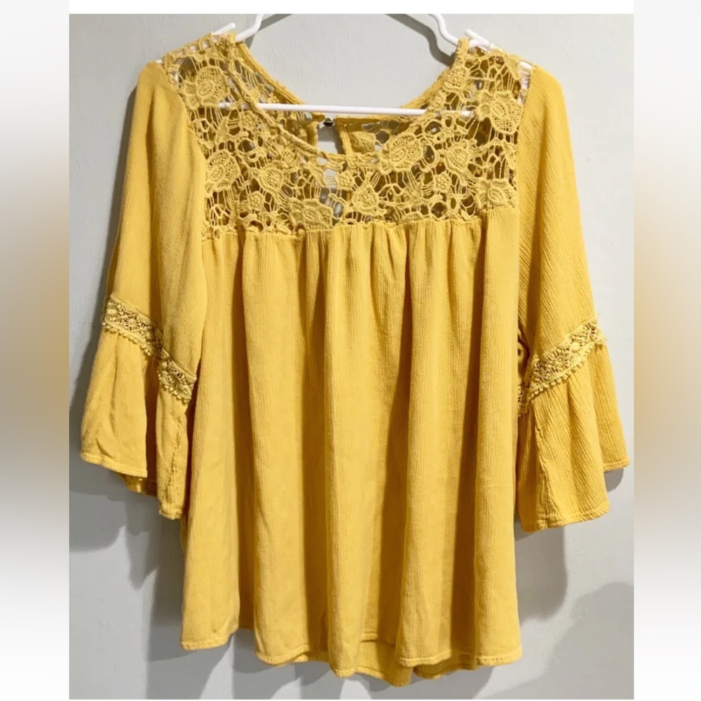 Torrid Mustard Gauze Crochet Trim Top 4